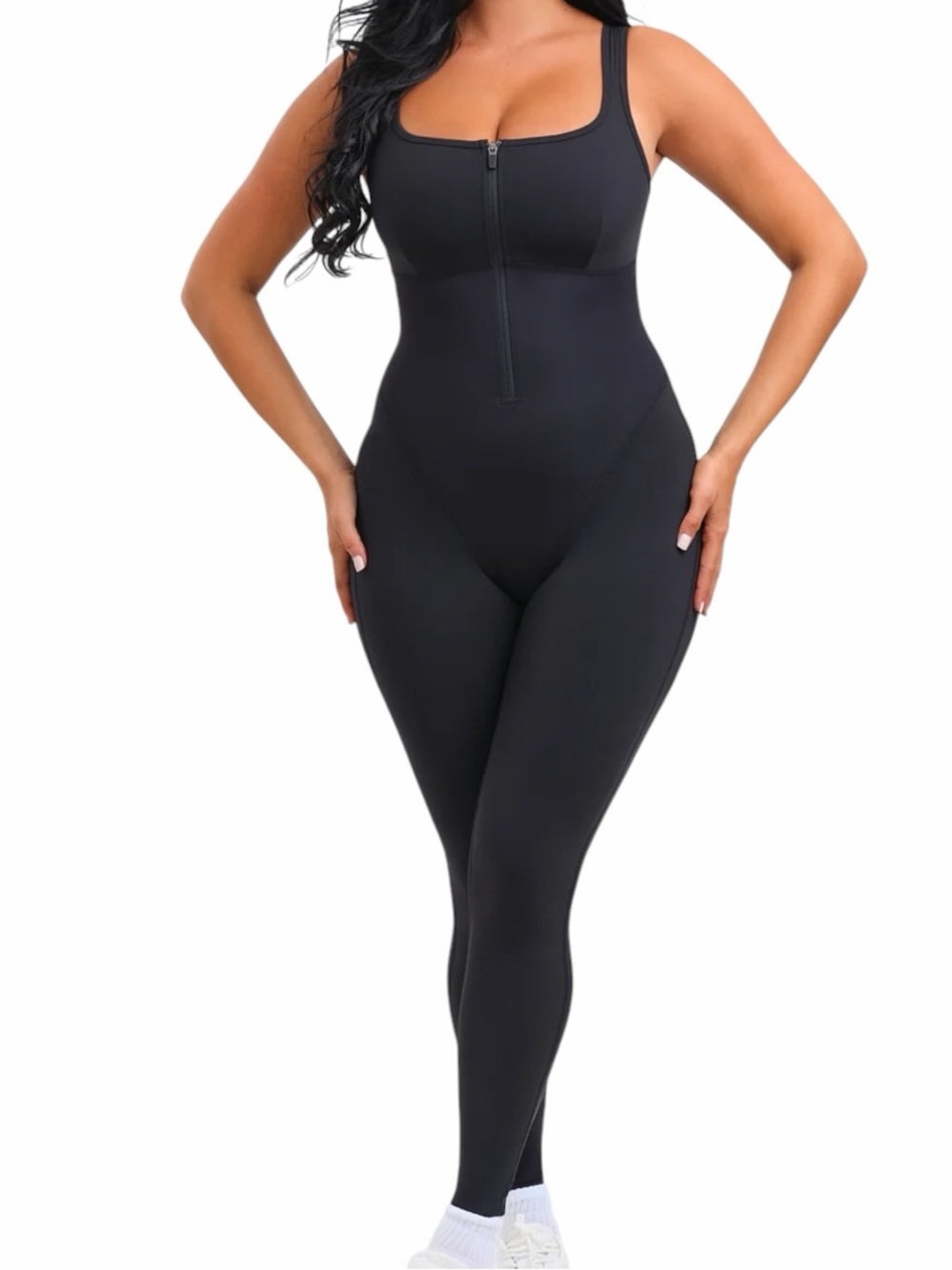 She's Waisted Black Full-Body Zippered  SaunaSculpt Compression Jumpsuit L